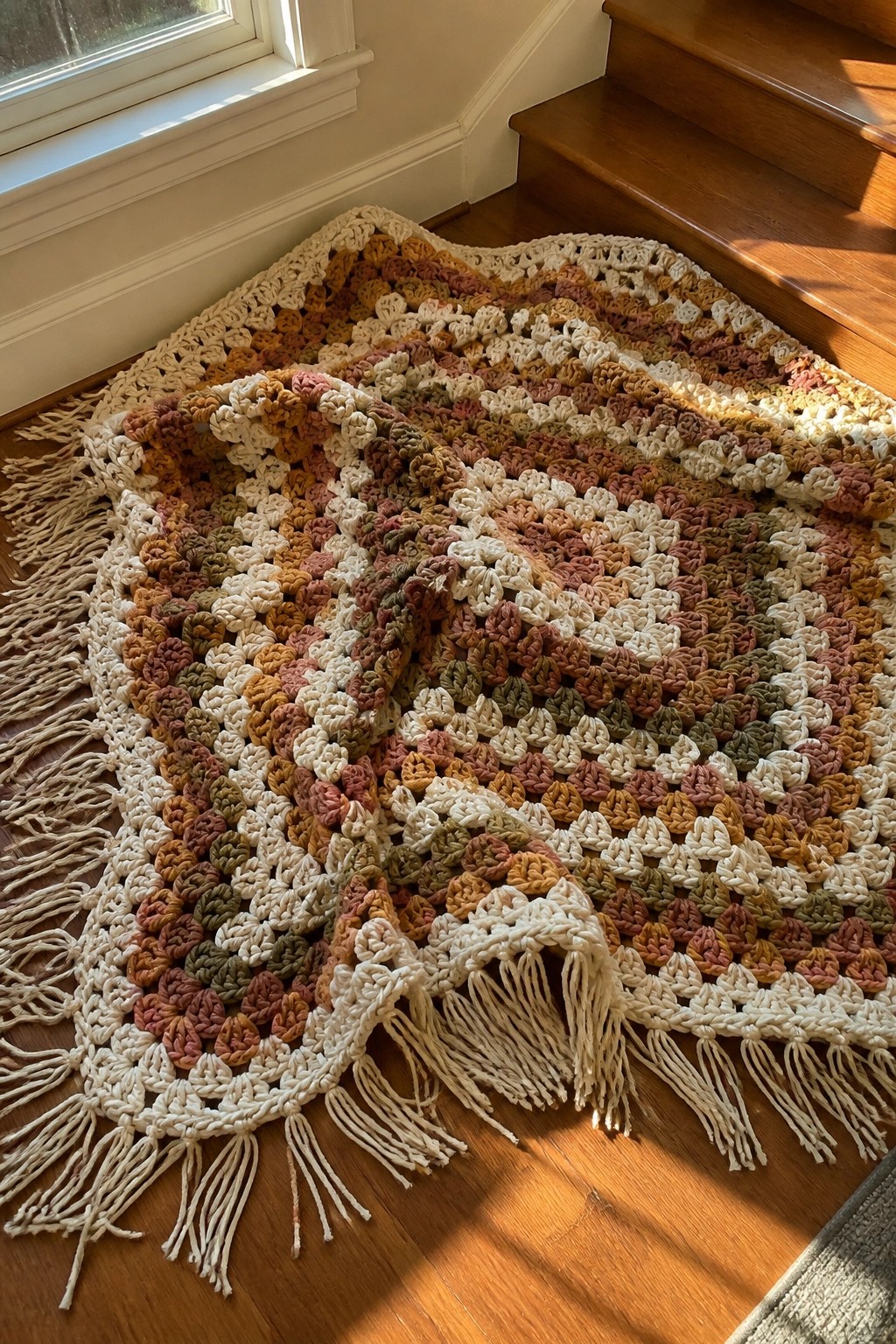 Autumn-hued granny square crochet blanket with fringes on sunlit wooden floor