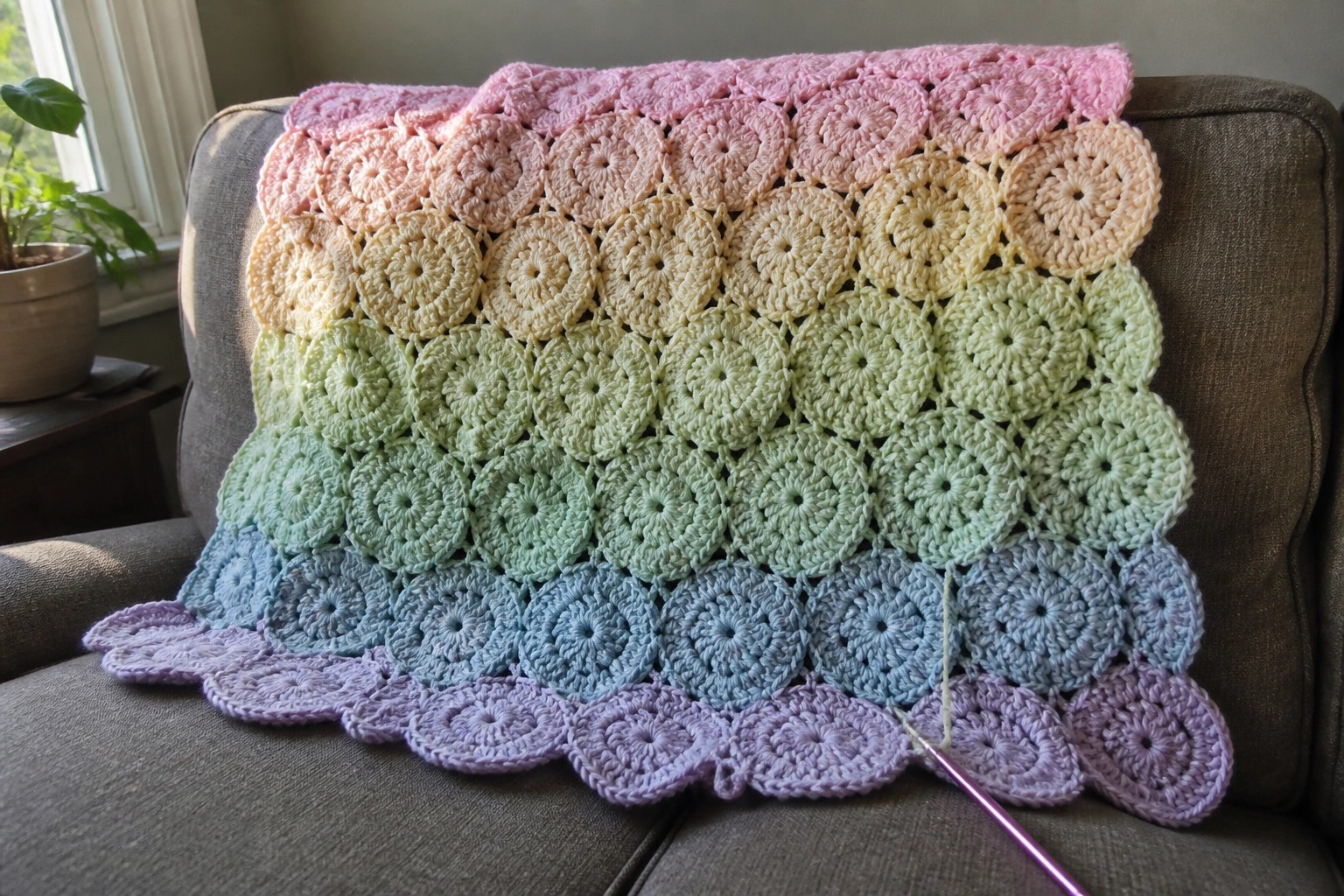 Rainbow crocheted blanket with circular motifs draped on gray couch beside hook