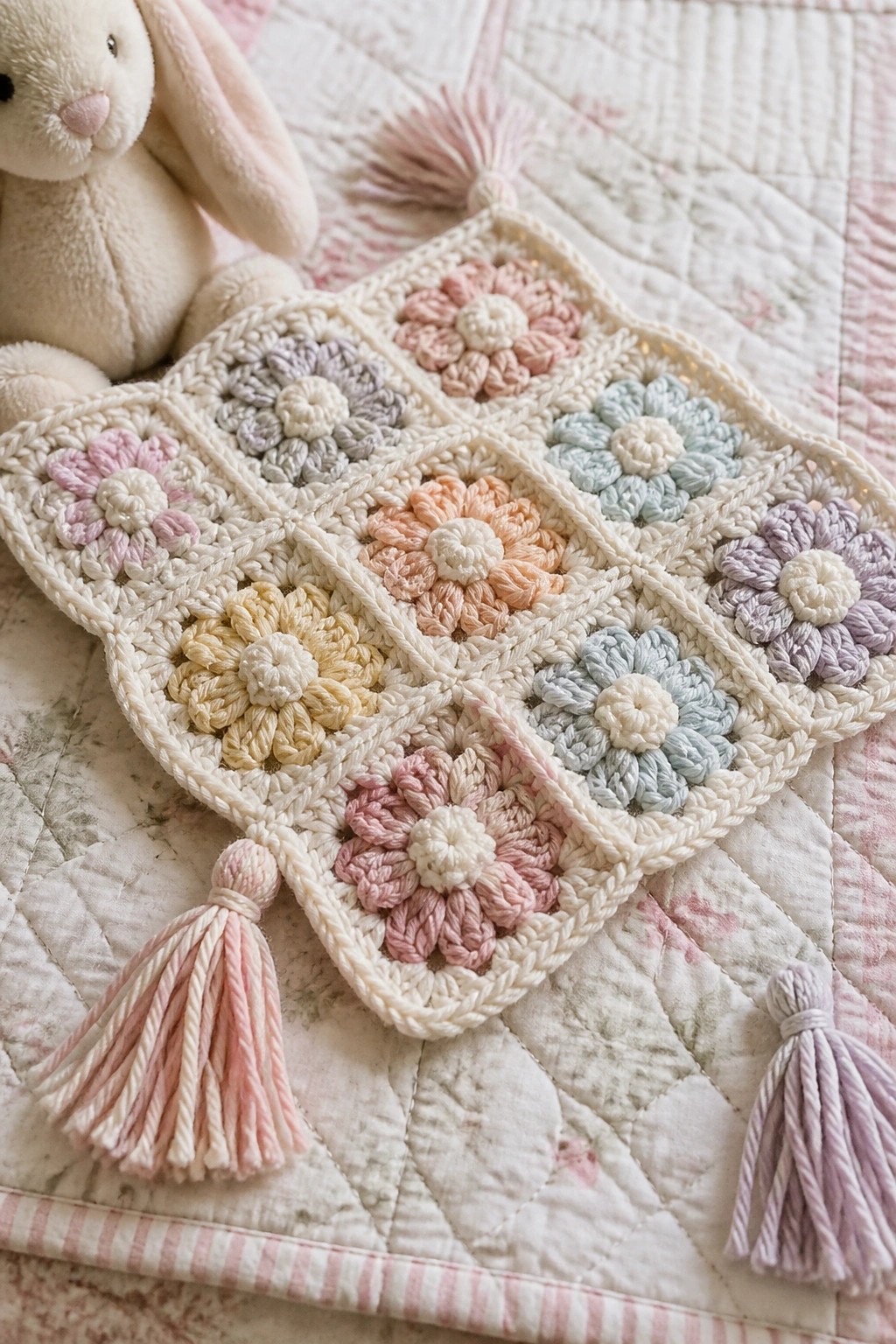 Pastel floral crocheted blanket with tassels beside stuffed bunny on quilt