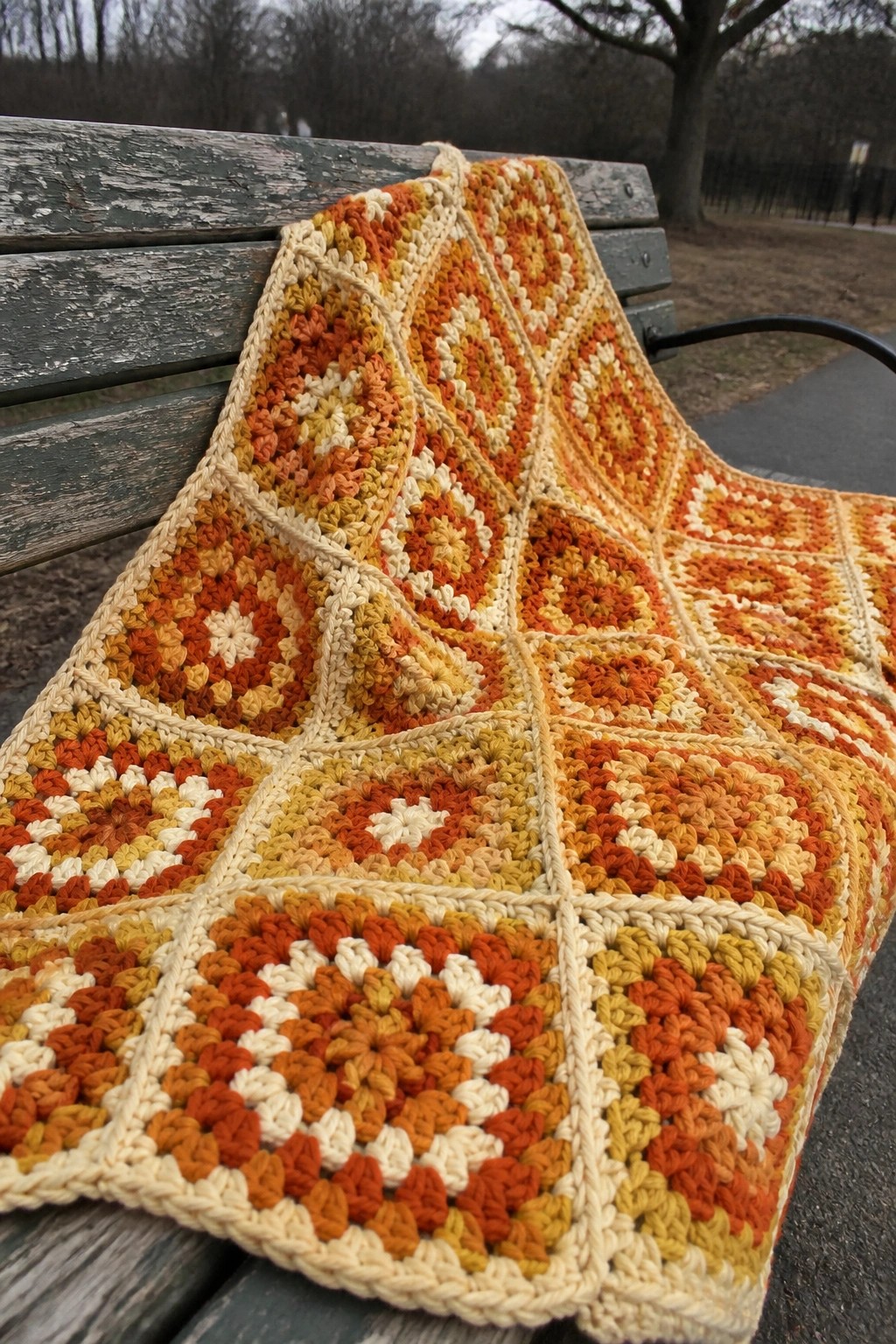 Colorful granny square crochet blanket draped over weathered park bench in autumn