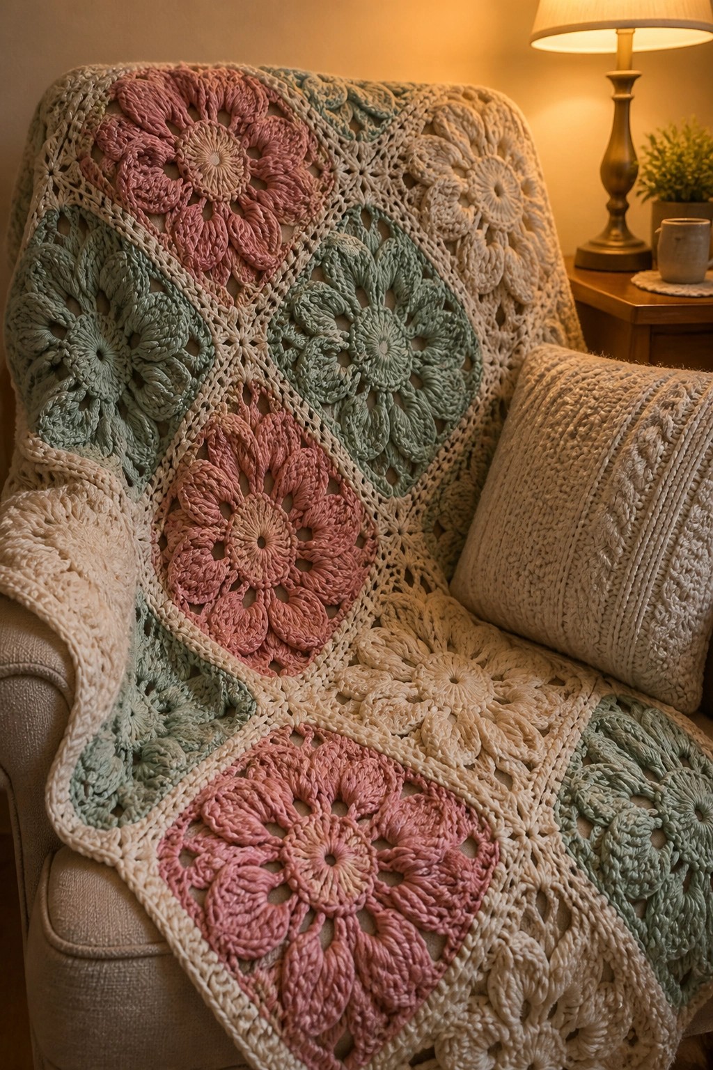 Crocheted blanket with pink and green floral motifs on beige armchair with pillow.