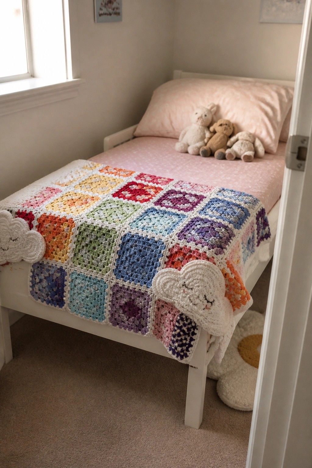 Colorful granny square crochet blanket with cloud edges on white child's bed.