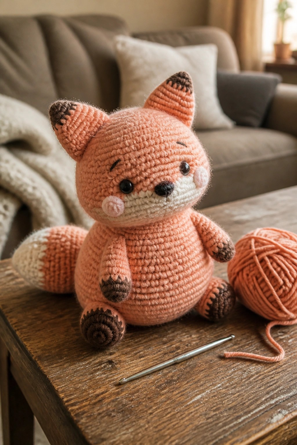 Crocheted orange fox toy on wooden table with yarn ball and hook