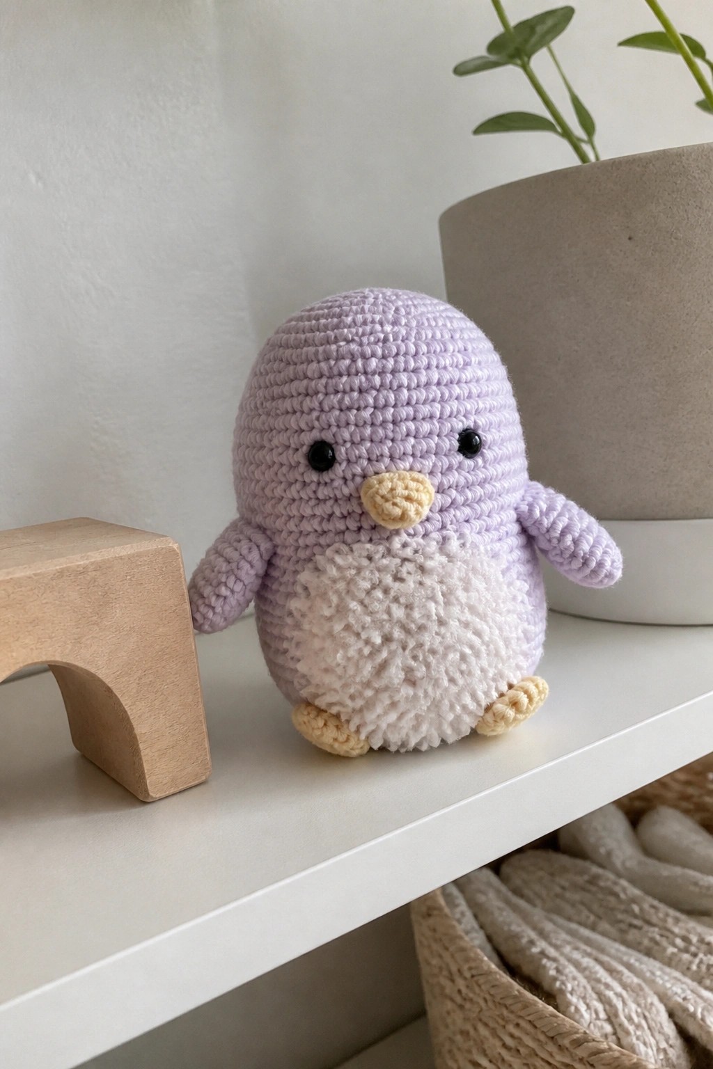 Crocheted lavender penguin toy with white fuzzy belly on white shelf