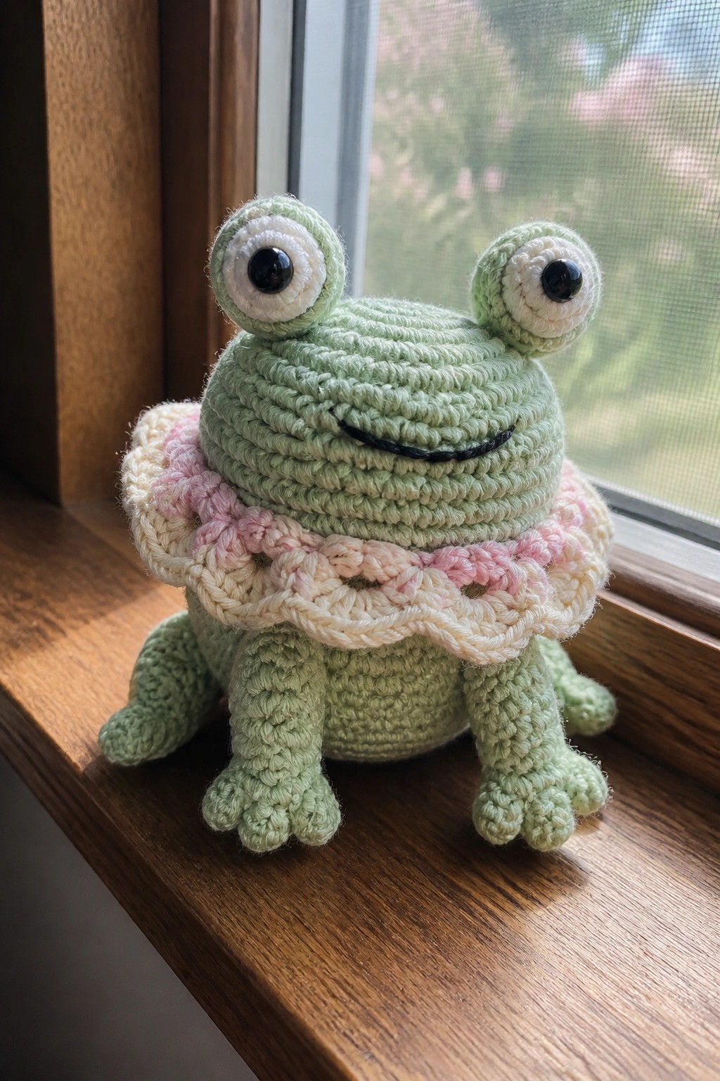 Mint green crocheted frog with bulging eyes and pastel ruffled collar on windowsill