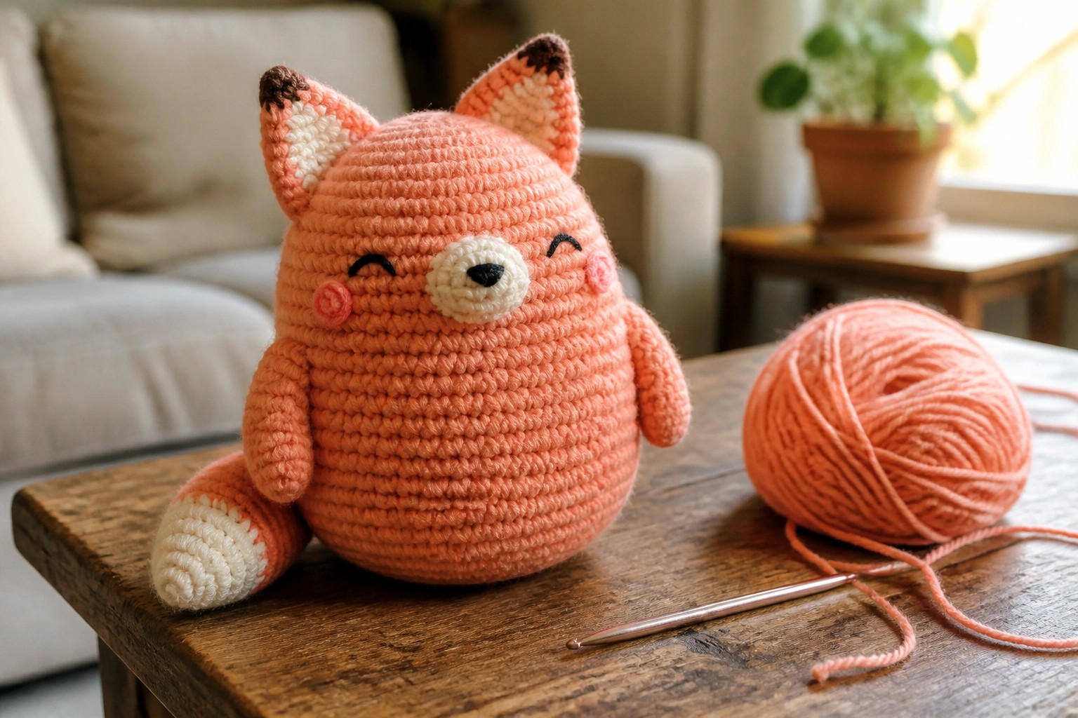 Crocheted orange fox toy on wooden table with yarn ball and hook