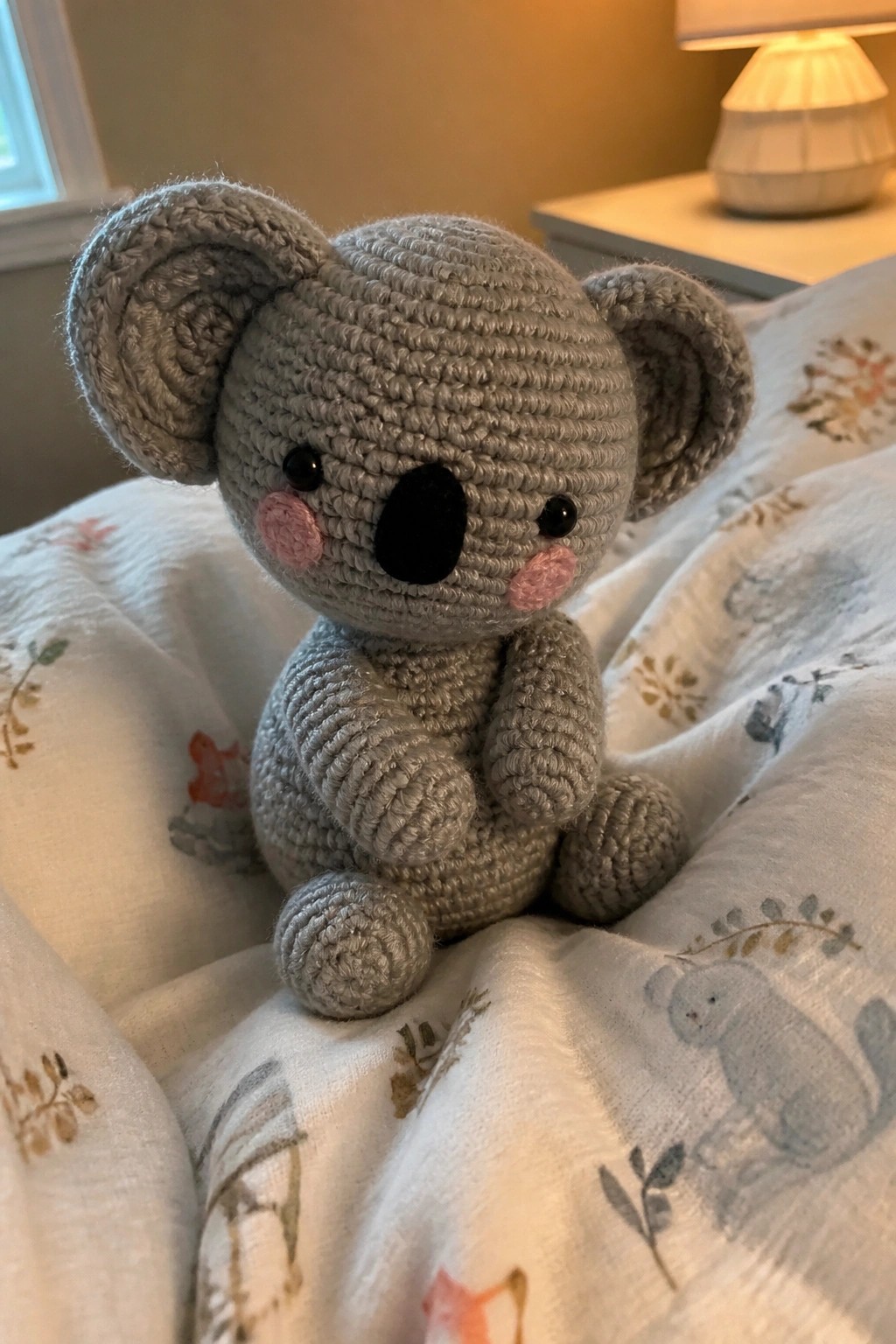 Crocheted gray koala with pink cheeks sits on floral white bedding