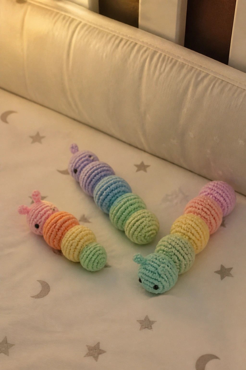 Three crocheted rainbow caterpillars on a white sheet with moons and stars.