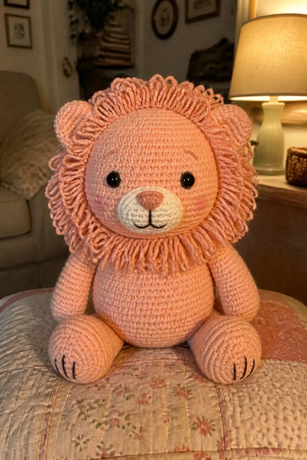 Pink crocheted lion plush toy with fluffy mane on floral quilt