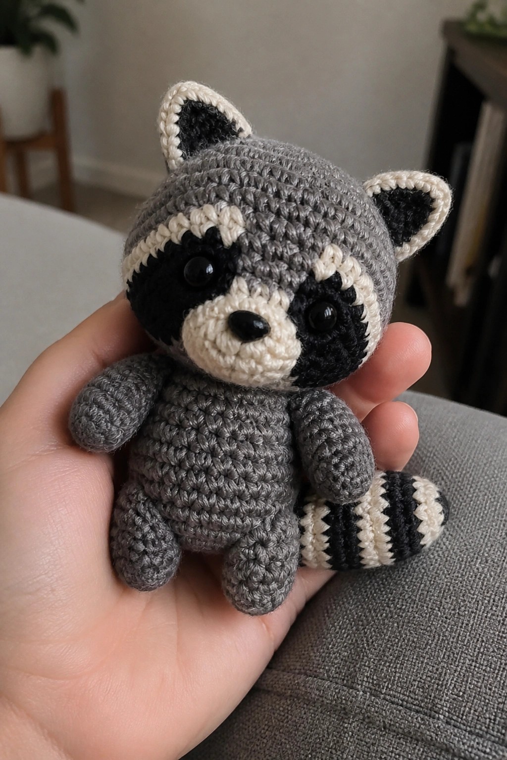 Hand holding small gray crocheted raccoon toy with black-and-white striped tail.