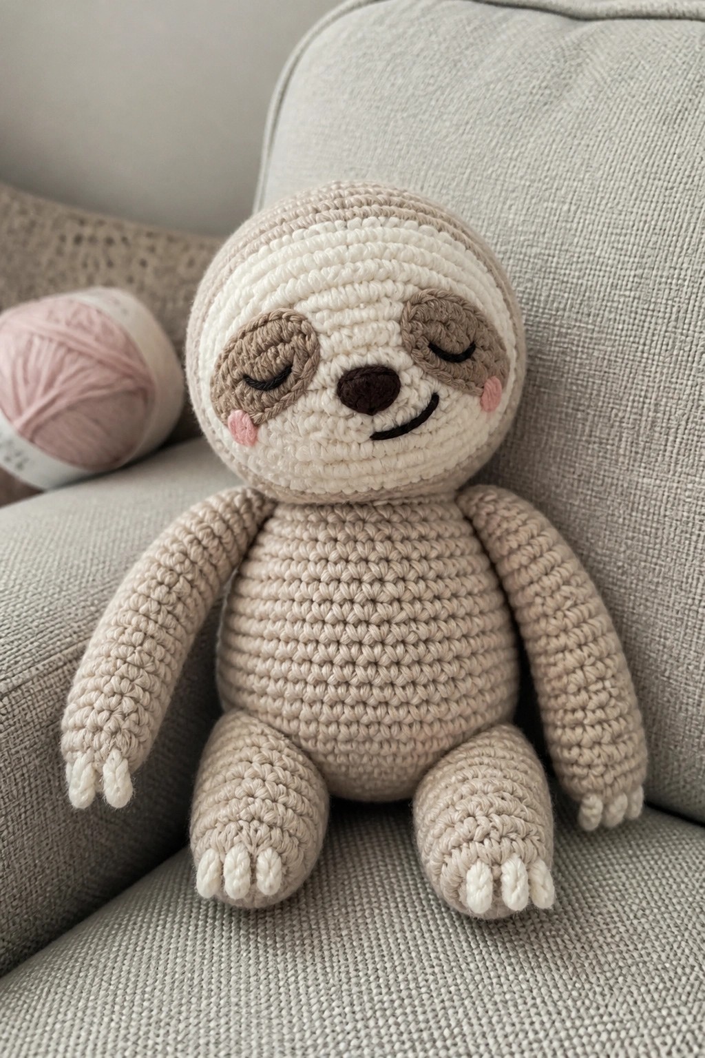 Crocheted sloth plush with closed eyes sits on gray couch beside pink yarn