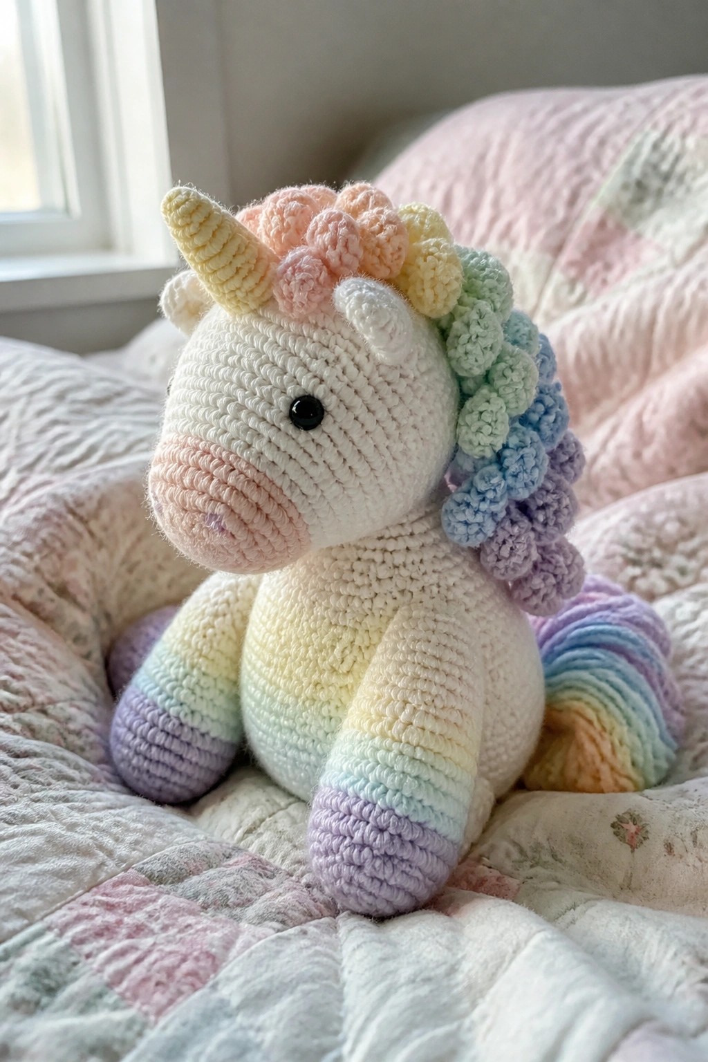 Crocheted unicorn with pastel rainbow mane, tail, and legs on quilted blanket