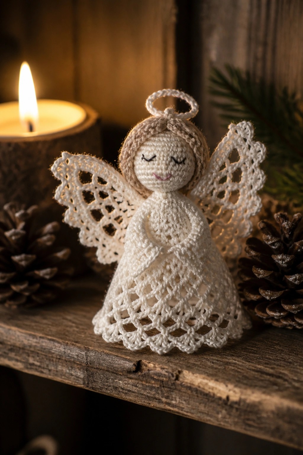 Crocheted white angel with lace wings and halo on wood near lit candle and pinecones