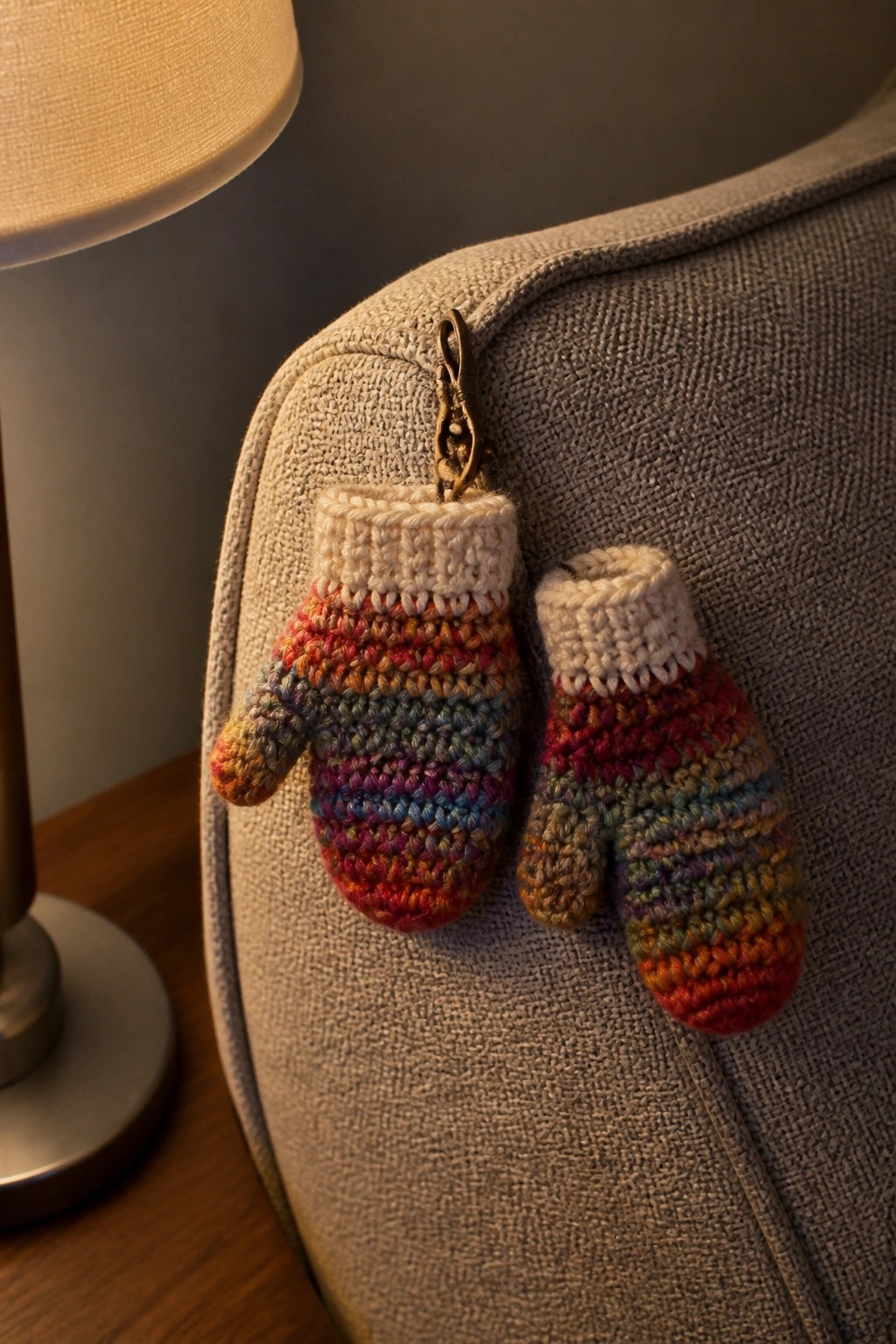 Two small crocheted mittens in rainbow stripes with white cuffs attached to a metal clip on gray fabric.