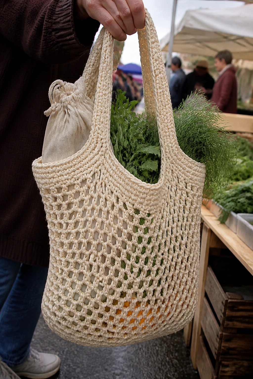 Person in brown sweater holding cream crocheted bag with greens and orange at market.