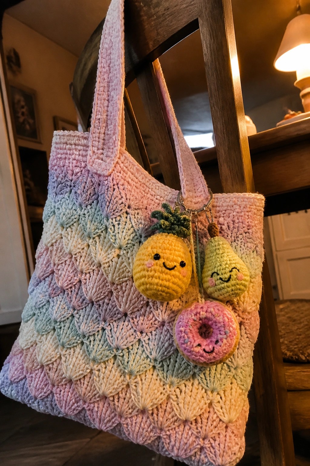 Pastel rainbow crocheted tote bag with smiling pineapple, pear, and donut keychains on wooden chair.