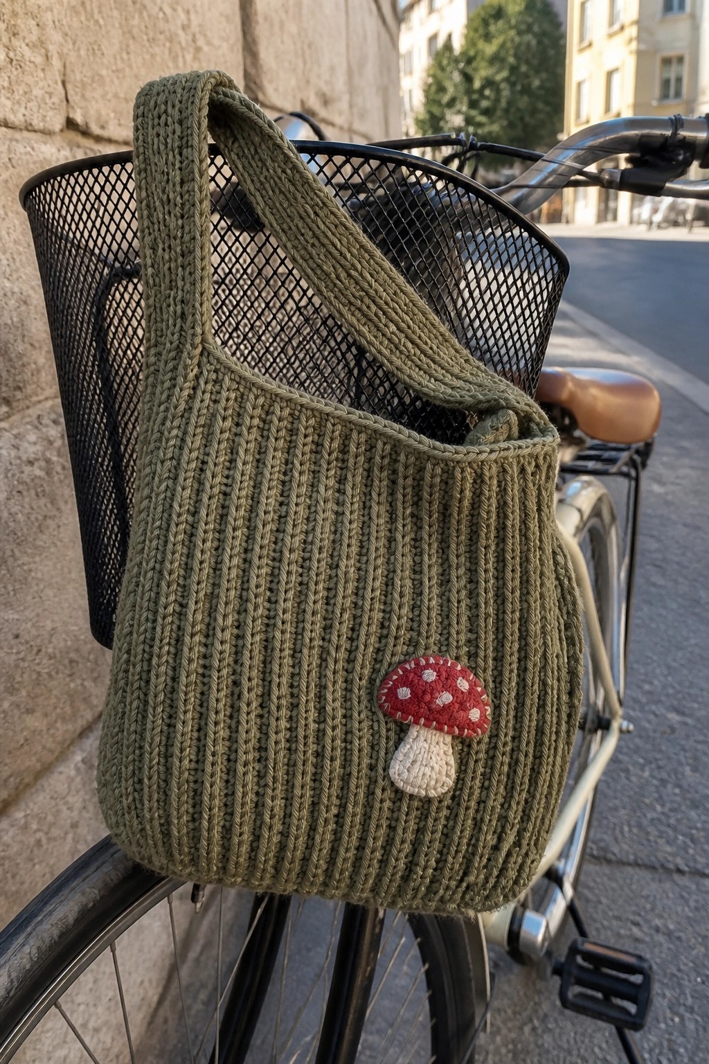 Green knitted bag with mushroom patch on bicycle wire basket