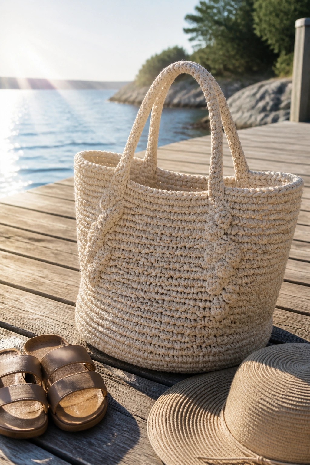Woven cream tote bag with sandals and straw hat on lakeside wooden pier.