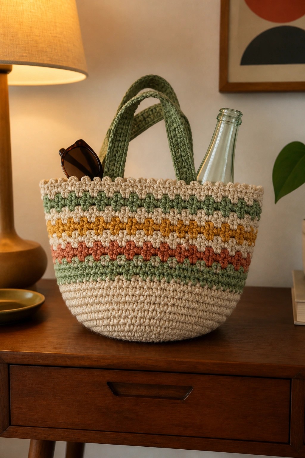 Striped crocheted basket with green handles holding sunglasses and bottle on wooden table