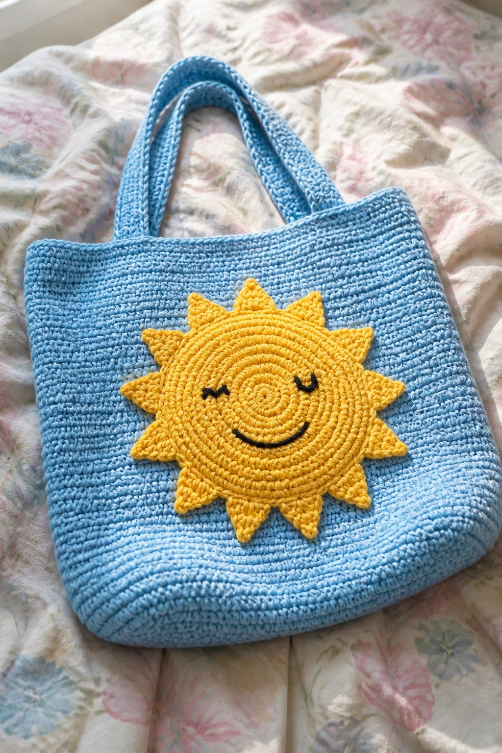 Blue crocheted tote bag with yellow smiling sun appliqué on floral quilt.