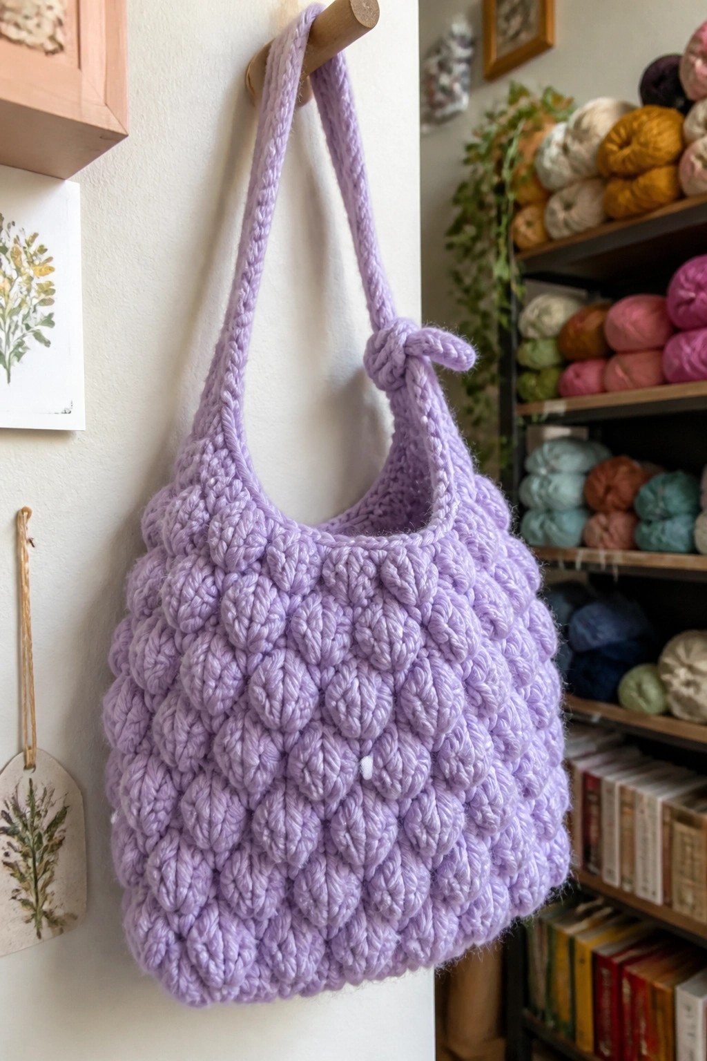 Lavender crocheted tote bag with puffy texture hanging on wooden wall hook