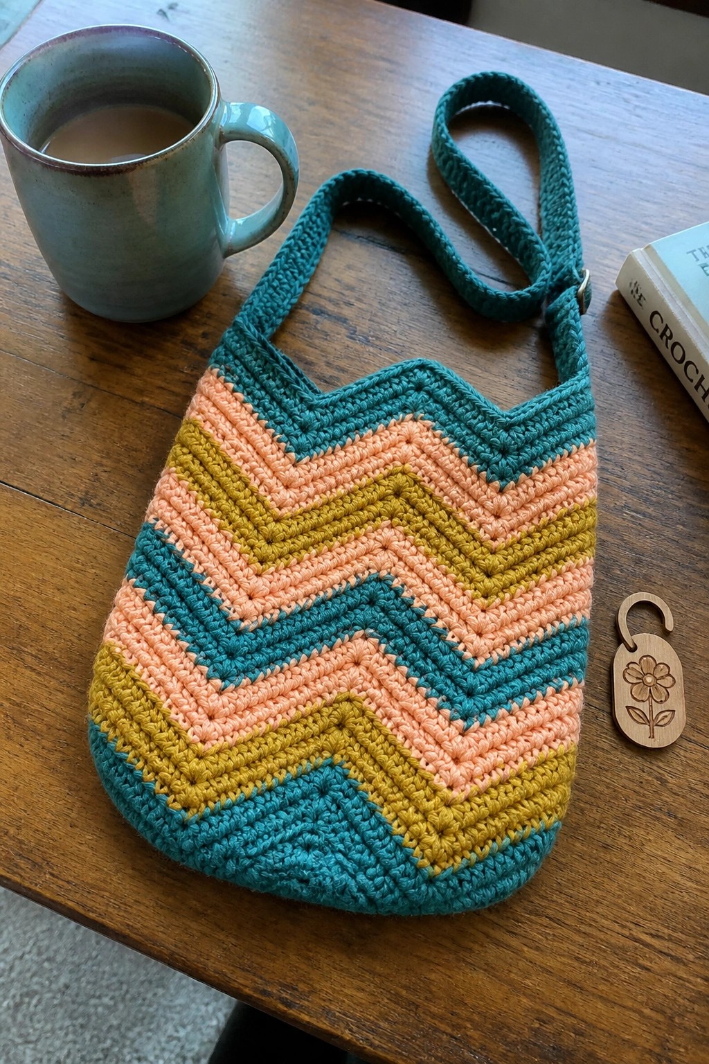 Colorful crocheted chevron bag in teal, peach, and yellow on wooden table with mug