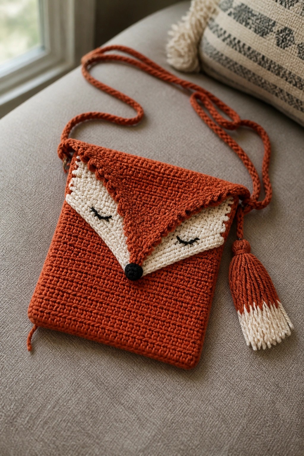 Crocheted orange and cream fox face sling bag with strap and tassel on a fabric surface.