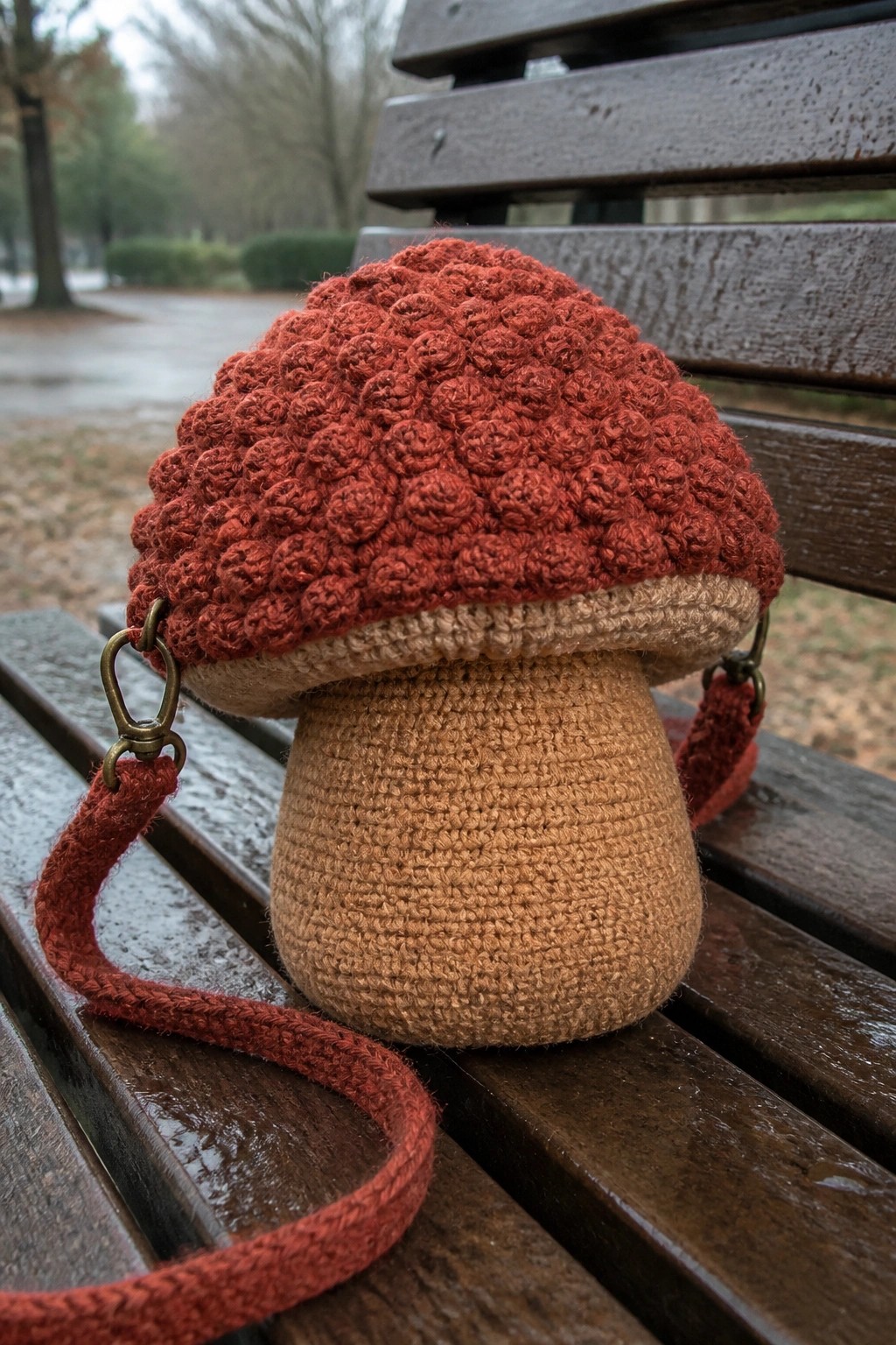 Crocheted red and beige mushroom bag with strap on wooden park bench