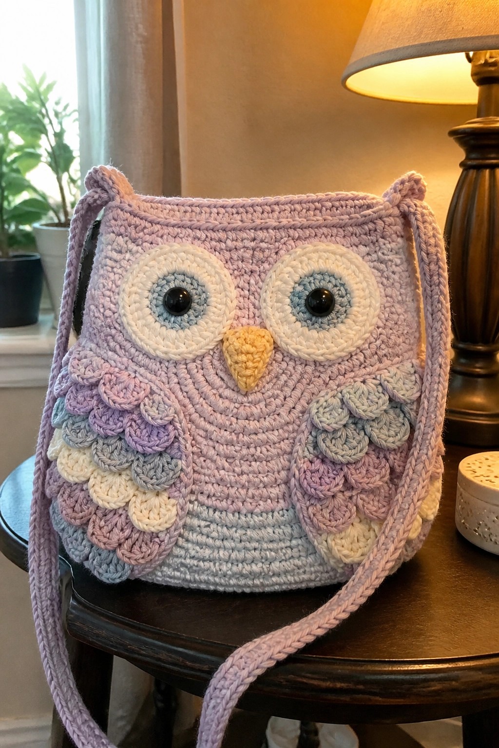 Pastel purple crocheted owl purse with large eyes on wooden table