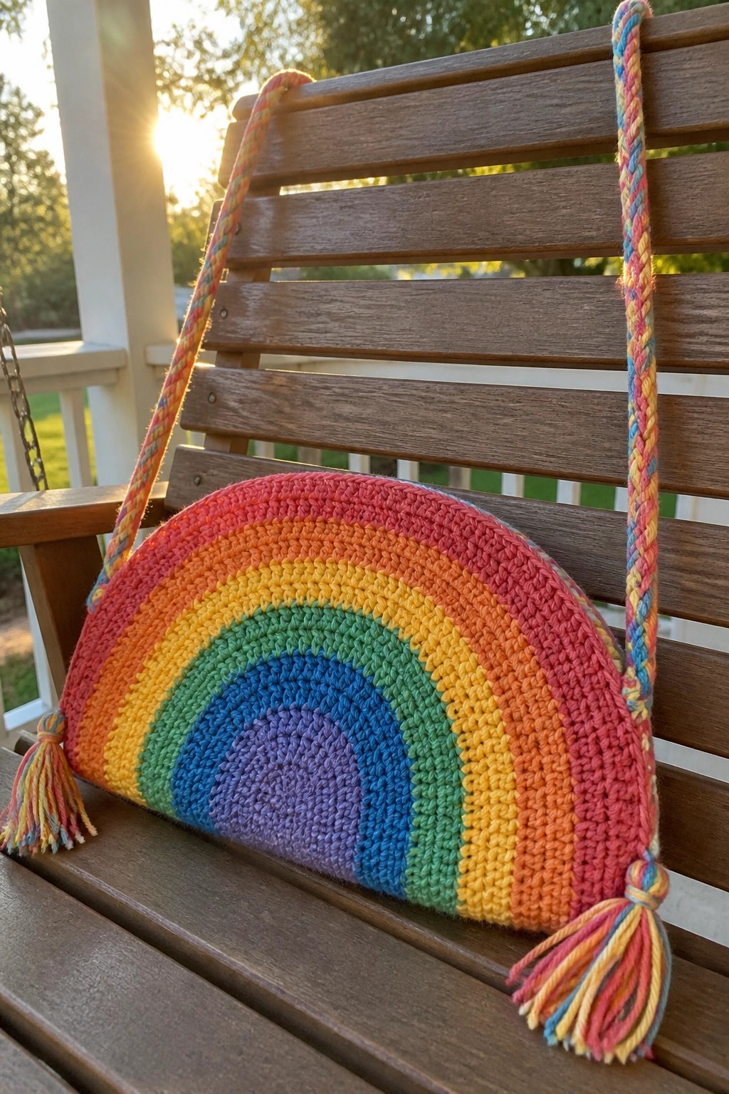Crocheted rainbow purse with braided strap and tassels on wooden bench