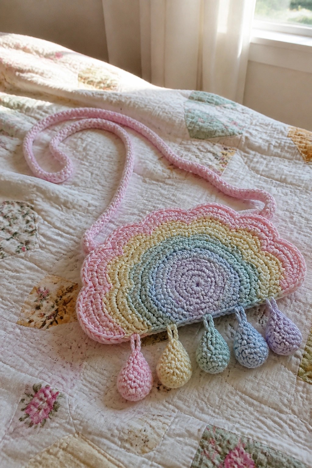 Crocheted rainbow bag with pink strap and pastel teardrop tassels on floral quilt