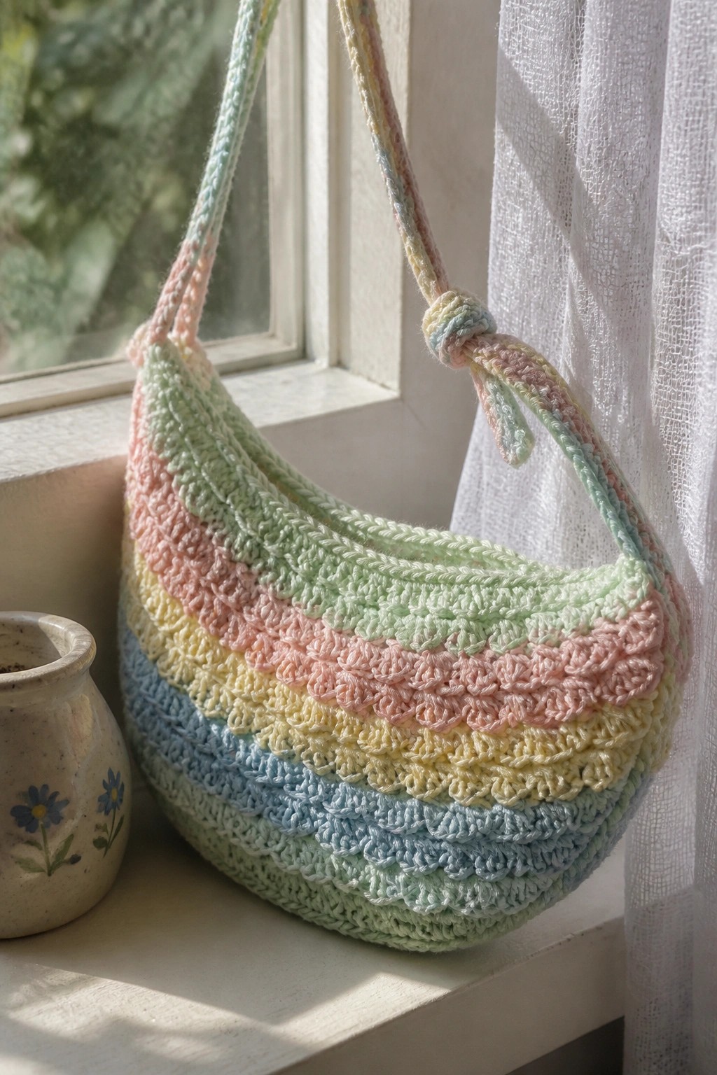 Pastel striped crocheted bag on windowsill beside floral ceramic pot.