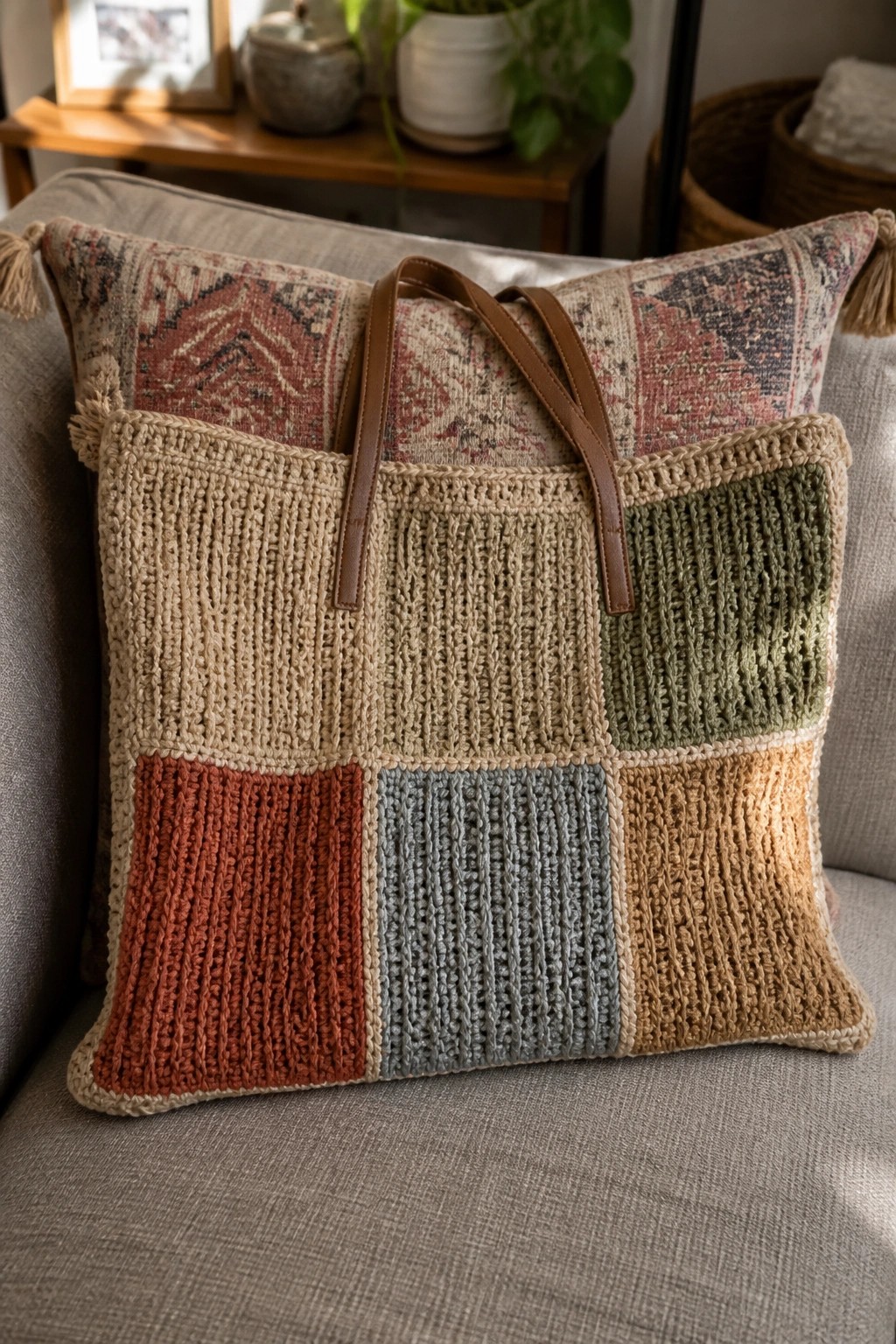 Patchwork knit tote bag with leather handles on patterned pillow