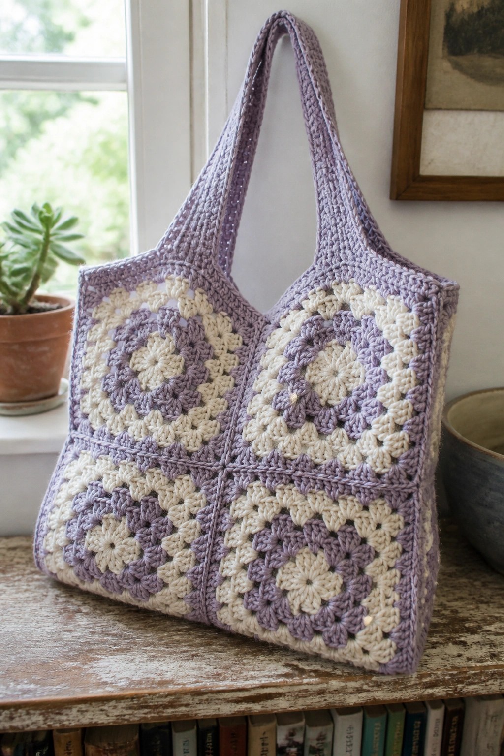 Lavender and cream granny square crochet tote bag on wooden windowsill