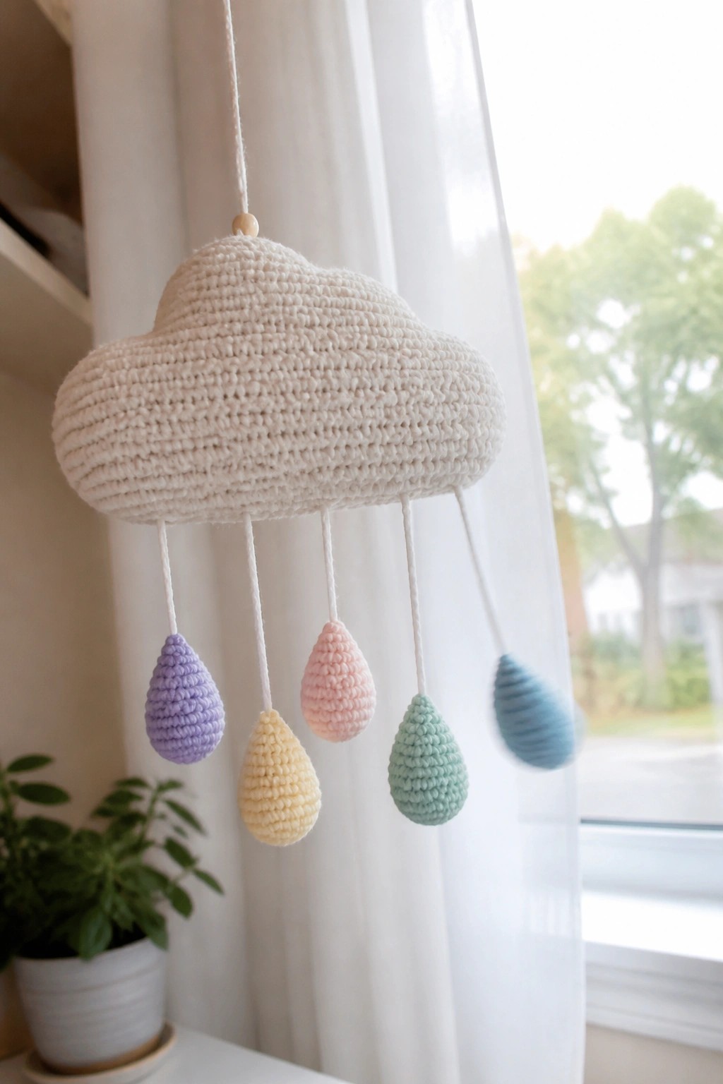 White crocheted cloud mobile with pastel rainbow raindrops hanging near window