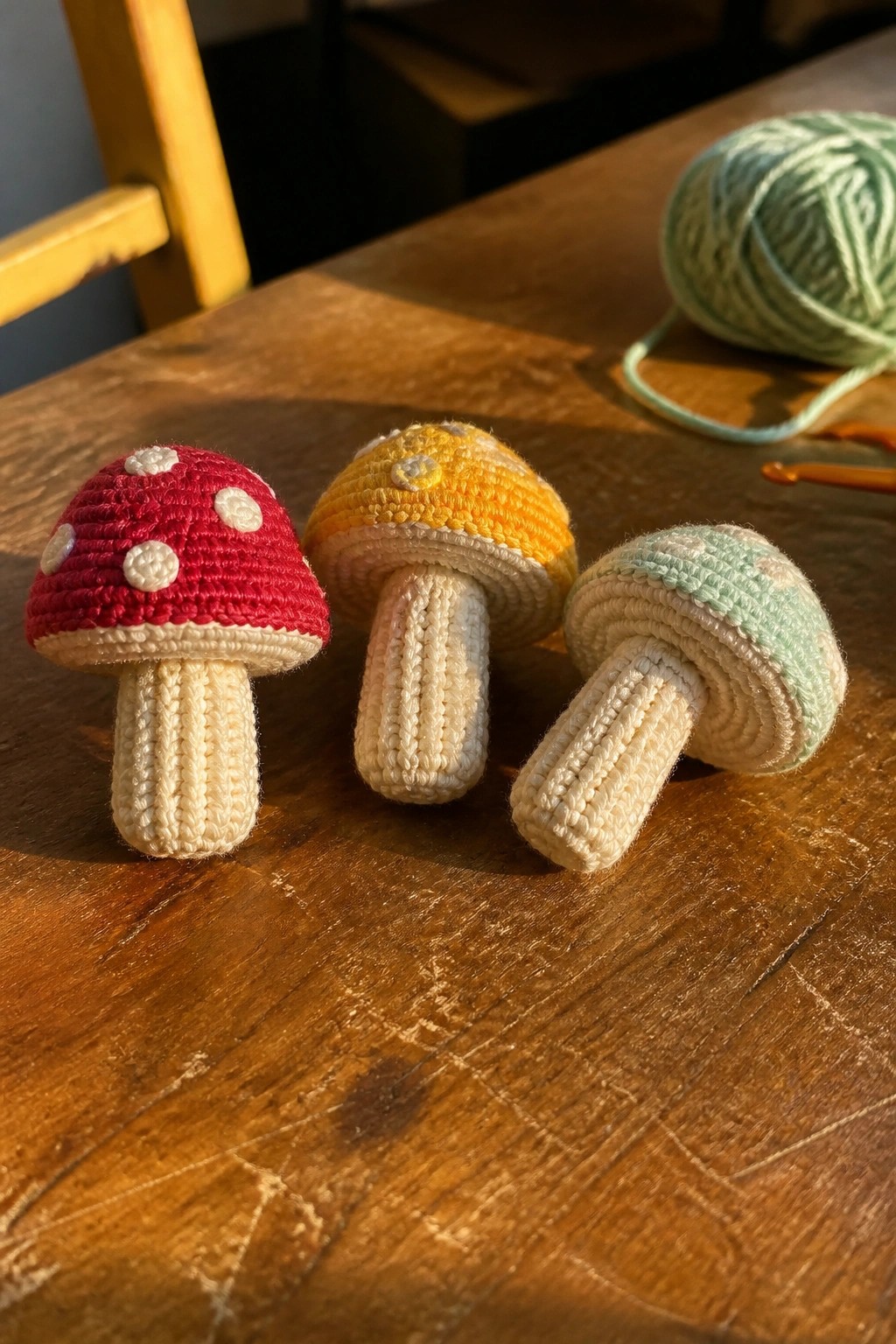 Three colorful crocheted mushrooms with spotted caps on a sunlit wooden table beside yarn