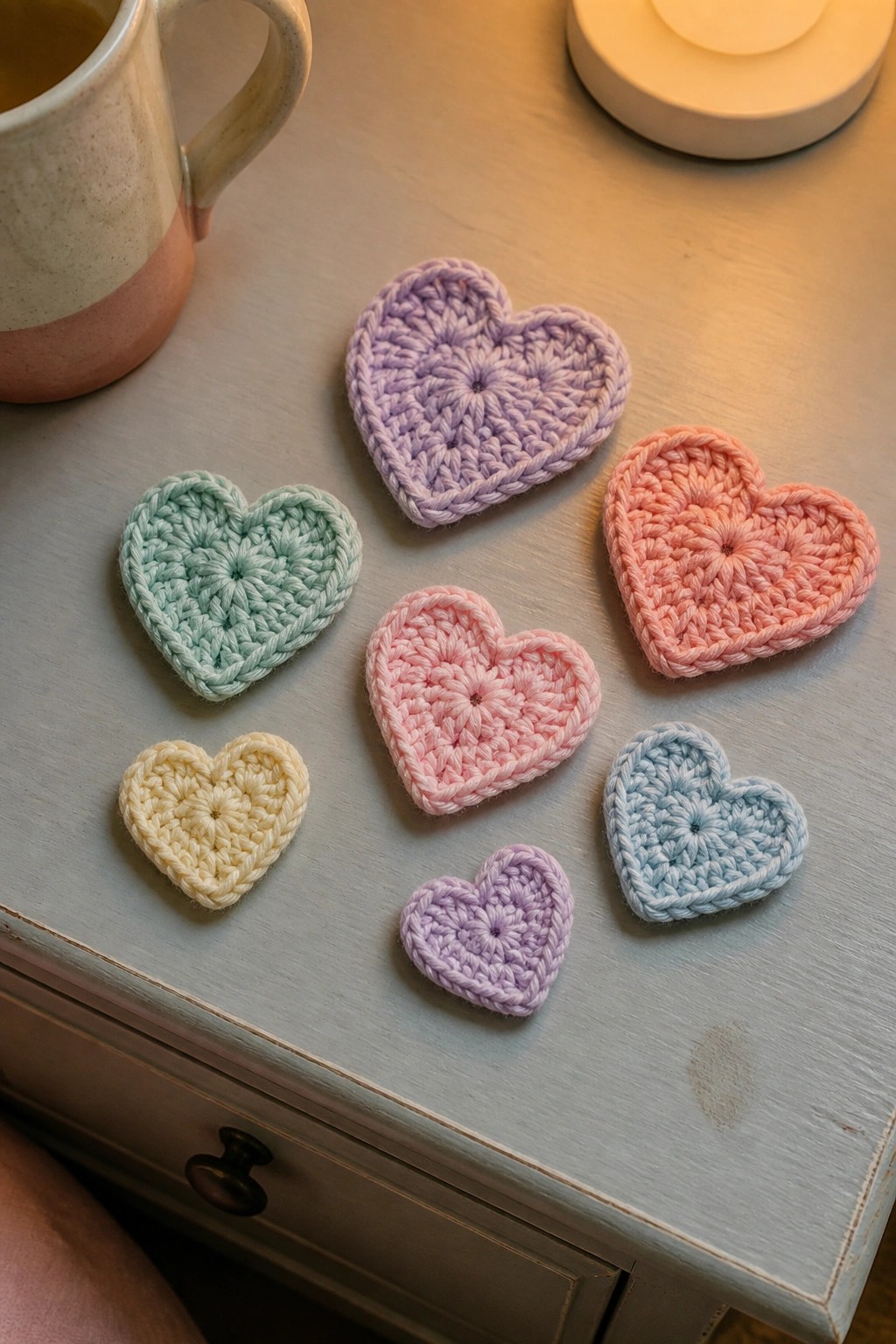 Several flat crocheted hearts in pastel colors sit on a light blue wooden table beside a ceramic mug.
