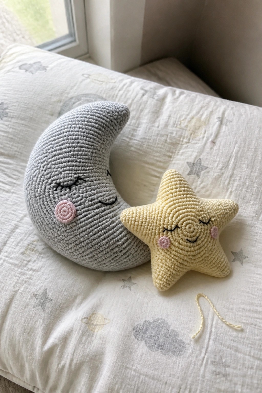 Gray crocheted moon and yellow star pillows with faces on white space blanket.