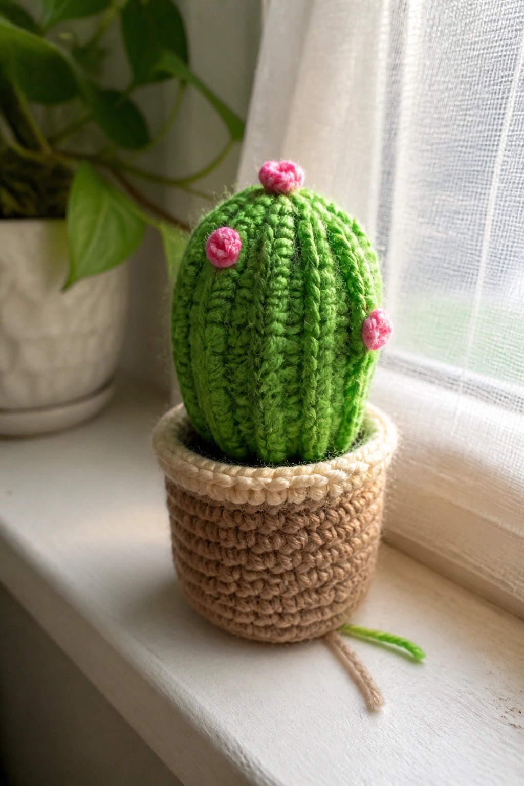 Crocheted green cactus with pink flowers in a brown pot on windowsill