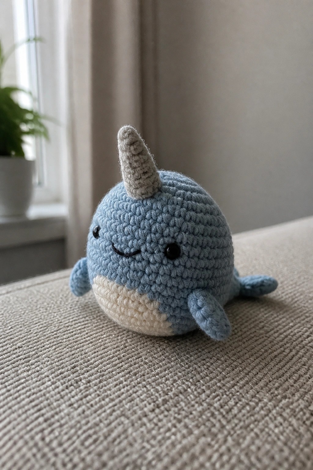 A small blue crocheted narwhal with a gray horn and white belly rests on a textured fabric surface.