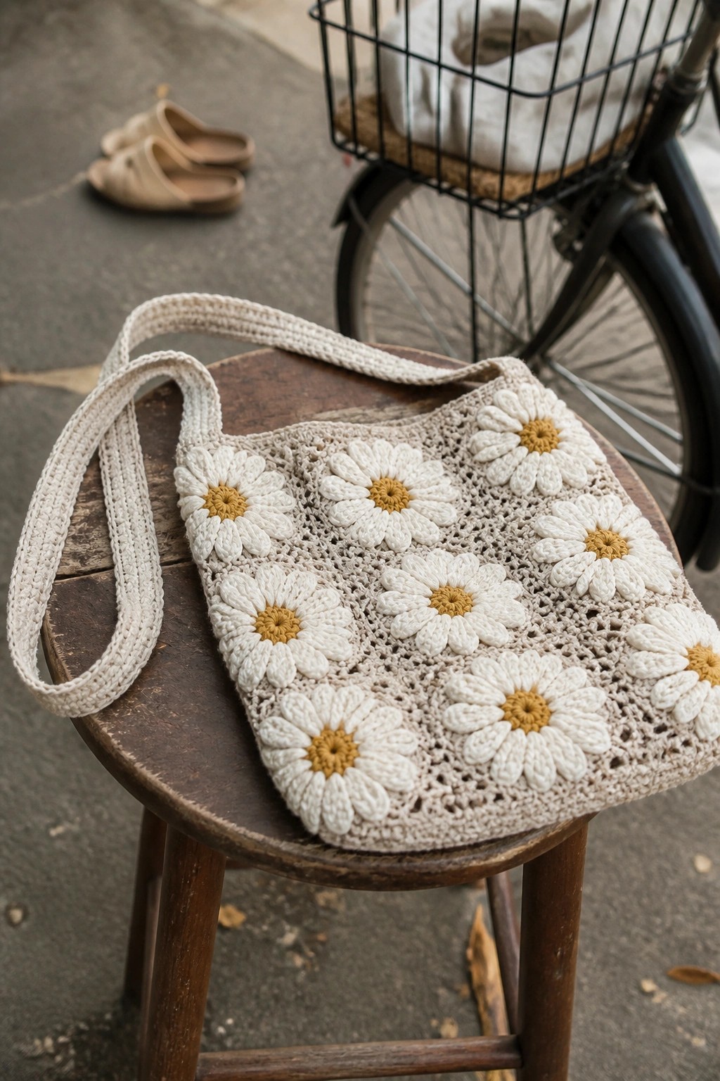 Crocheted beige tote bag with white daisies on wooden stool beside bicycle