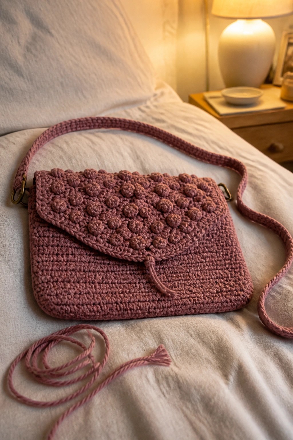 Pink crocheted crossbody bag with bobble flap on white bed sheets near lamp