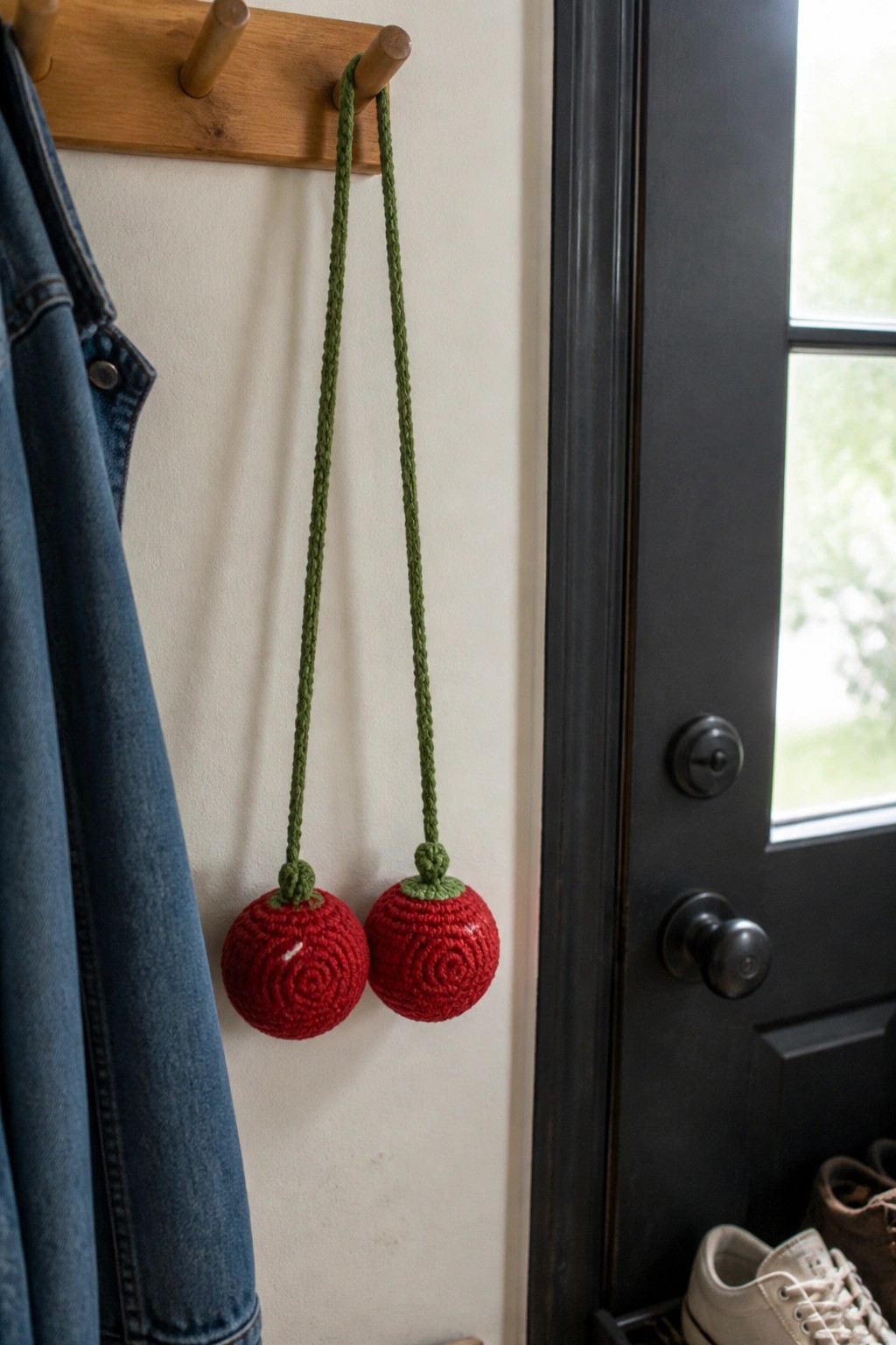 Two red crocheted tomatoes hanging from green cords on wooden rack beside denim jacket