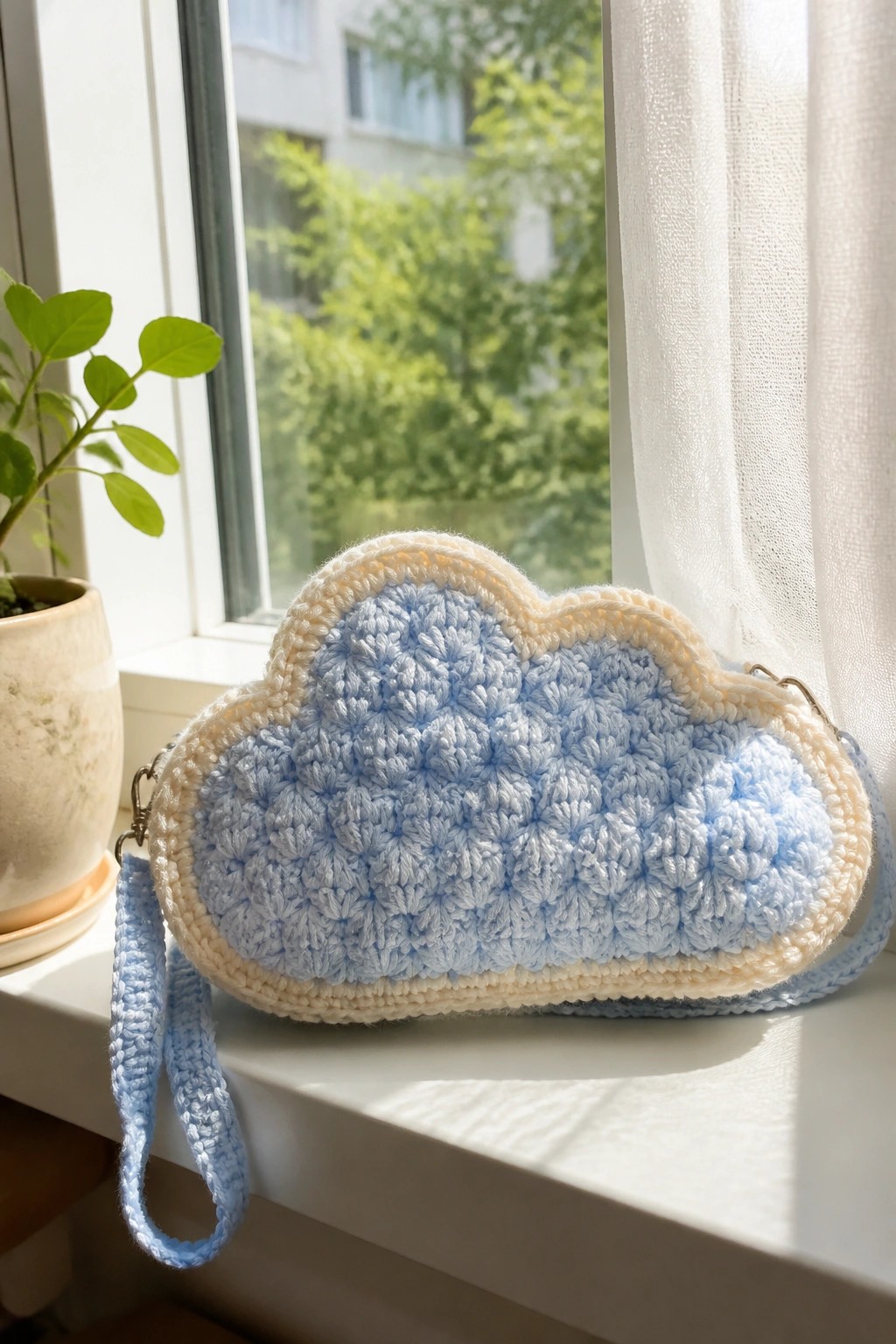 Crocheted light blue cloud-shaped bag on sunny windowsill beside potted plant