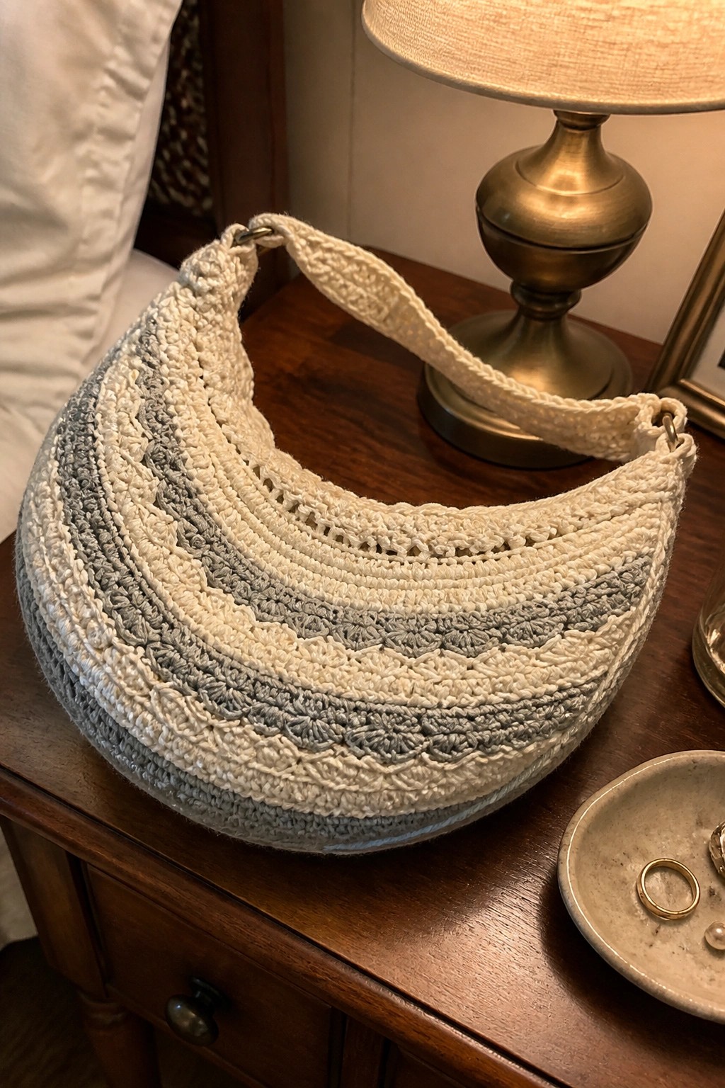 Crescent-shaped crocheted handbag in white and gray on wooden nightstand