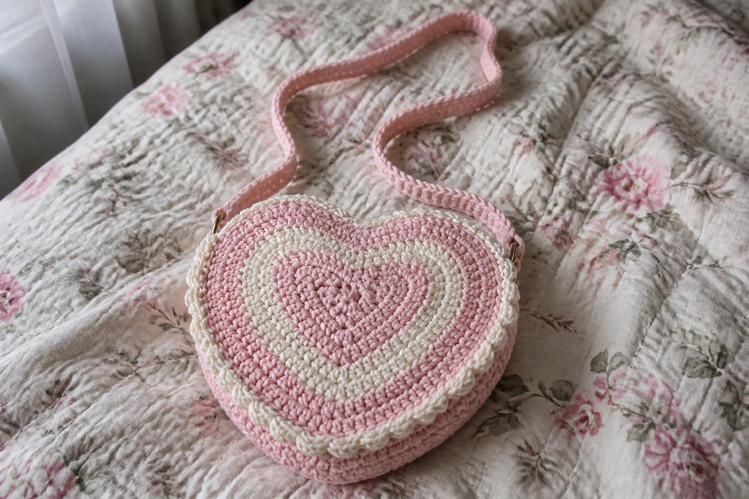 Pink and white crocheted heart-shaped bag with strap on floral bedspread.