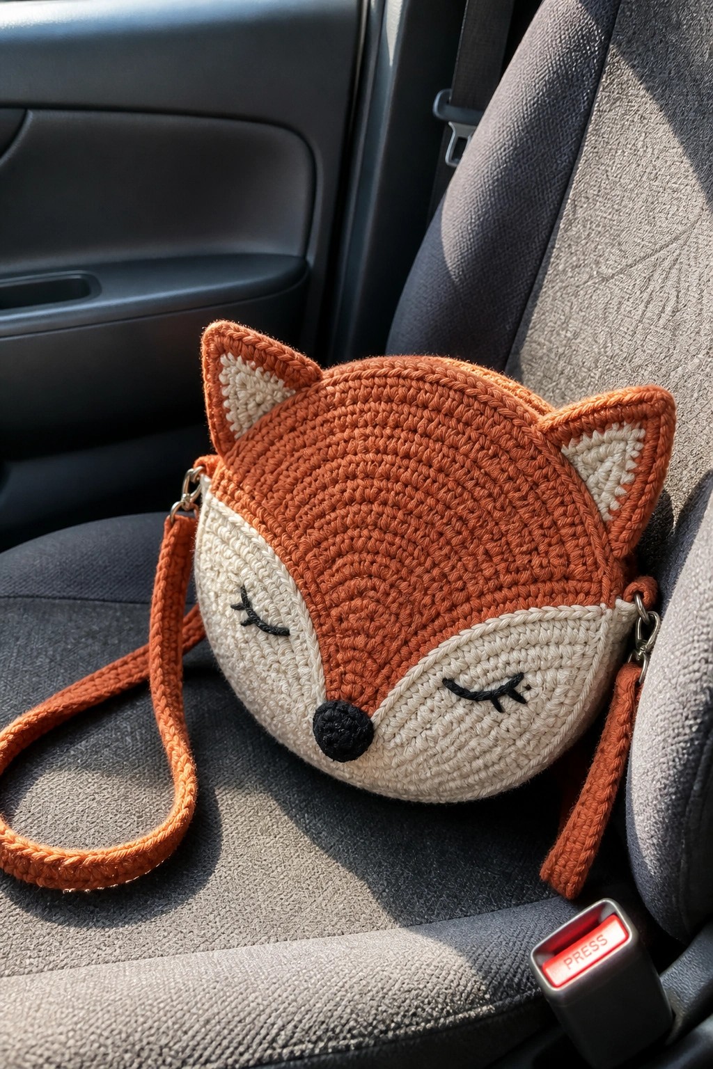 Orange crocheted fox purse with closed eyes on gray car seat.