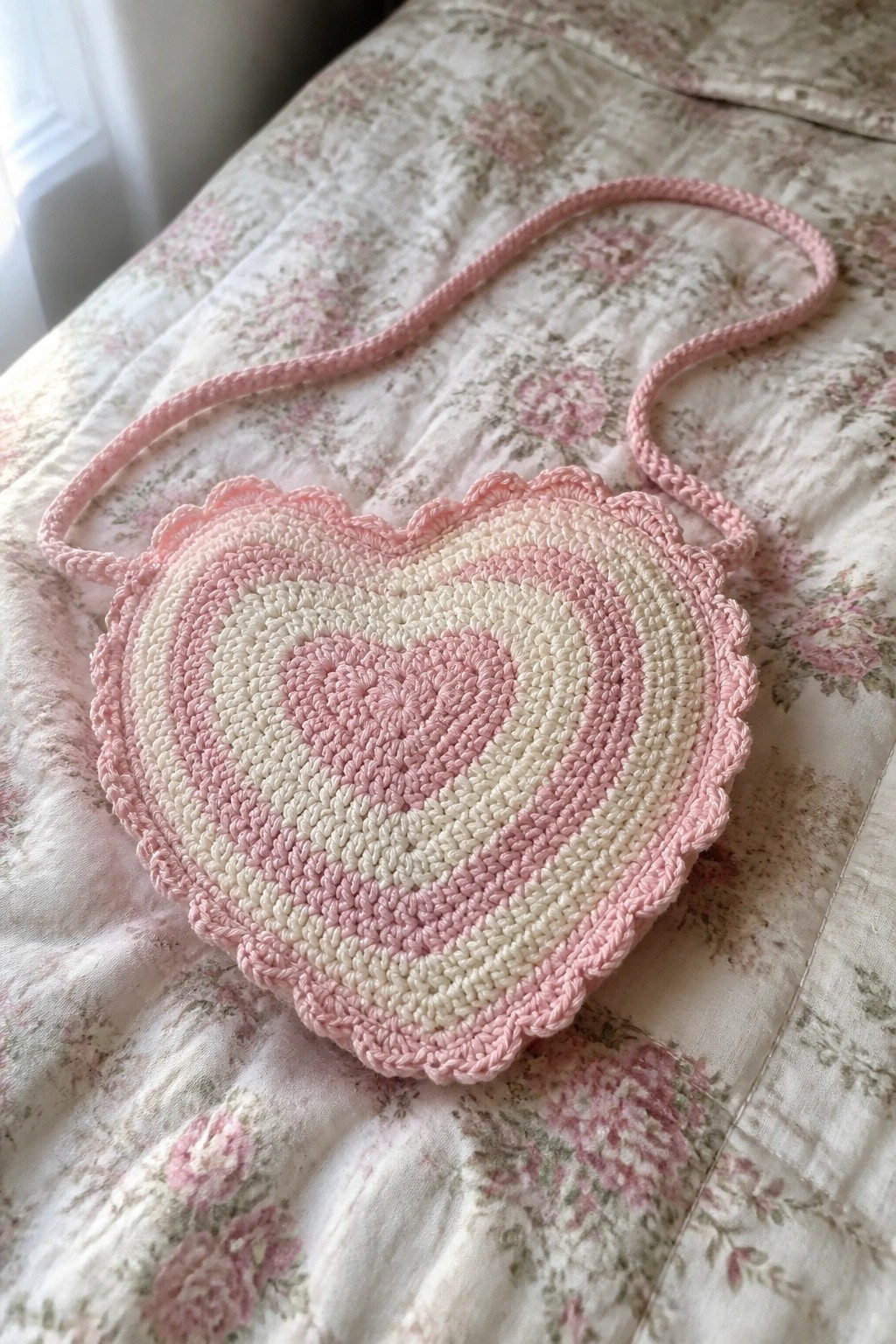 Pink and white crocheted heart-shaped bag with strap on floral bedspread.