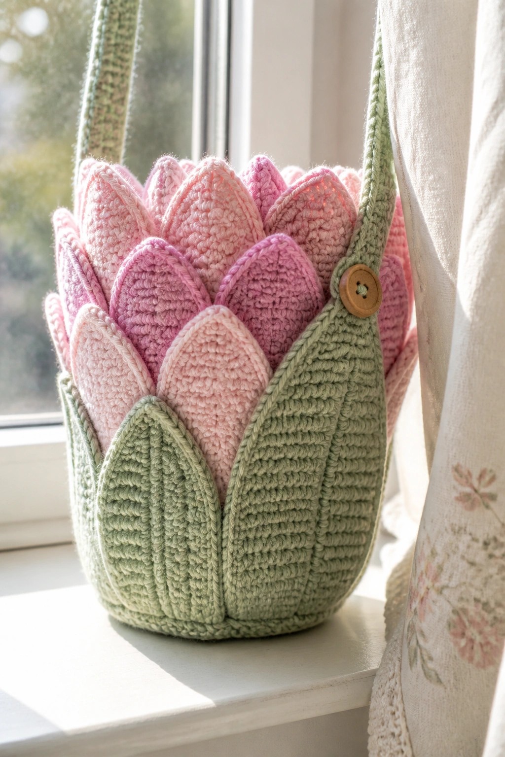 Crocheted pink flower bag with green leaves and button on windowsill