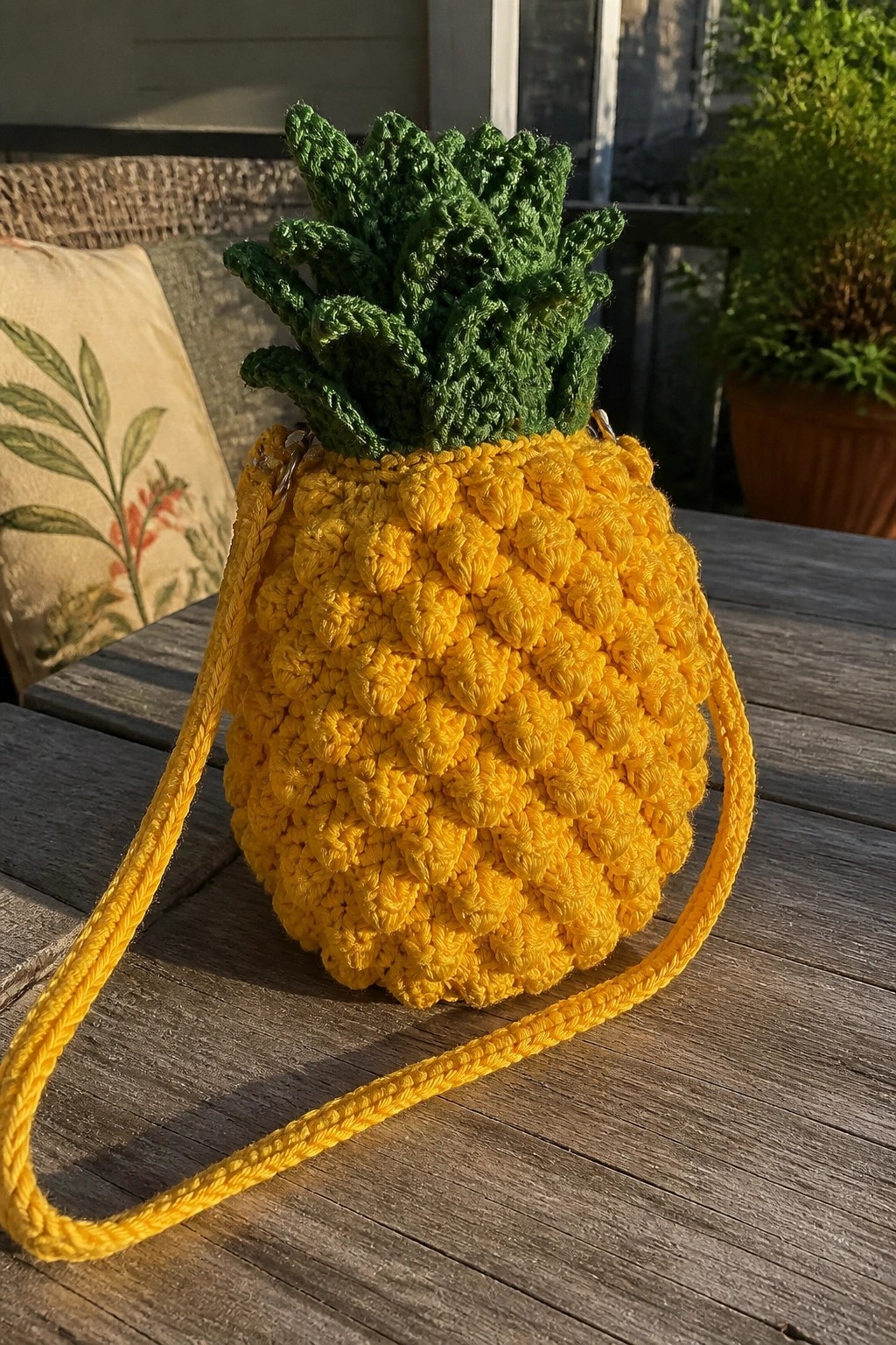 Yellow crocheted pineapple bag with green top and strap on wooden table